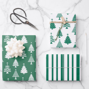 Festliches grün-weißes Weihnachtsbaum-Muster Geschenkpapier Set