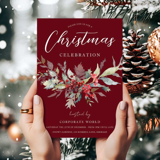 Festliches grünes Leaf Burgund Weihnachts-Party Einladung (Von Creator hochgeladen)