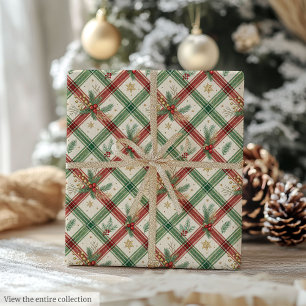 Festliches grünes und rotes Wasserfarben-Tartan-Fe Geschenkpapier