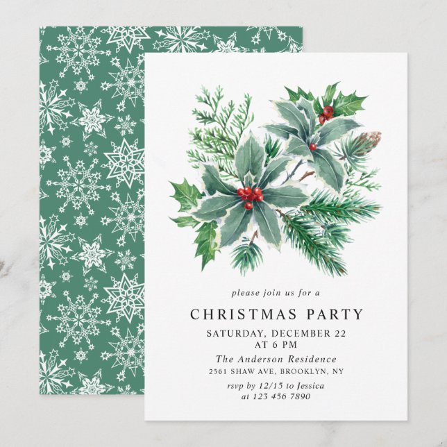 Festliches Holly Berry Branch Weihnachtsfest Party Einladung (Vorne/Hinten)