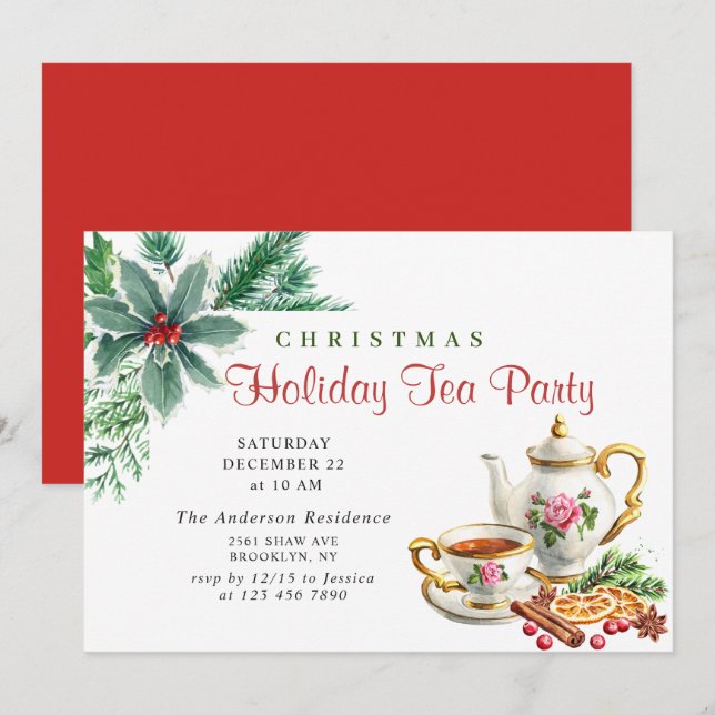 Festliches Holly Berry Weihnachtsfest Tea Party Einladung (Vorne/Hinten)