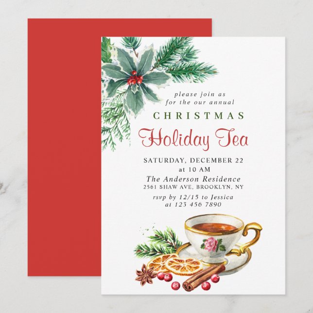 Festliches Holly Berry Weihnachtsfest Tea Party Einladung (Vorne/Hinten)