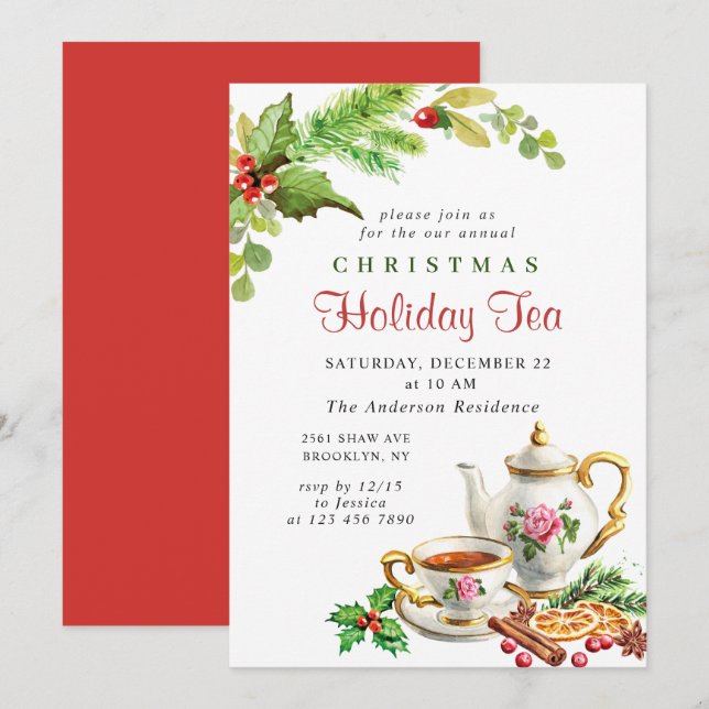 Festliches Holly Berry Weihnachtsfest Tea Party Einladung (Vorne/Hinten)