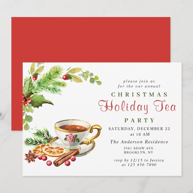 Festliches Holly Berry Weihnachtsfest Tea Party Einladung (Vorne/Hinten)