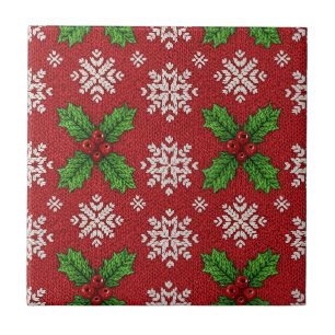 Festliches Holly- und Schneeflocken-Strickmuster – Fliese