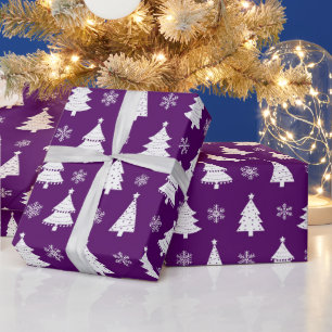 Festliches Lila und Weiß Weihnachtsbaum-Muster Geschenkpapier