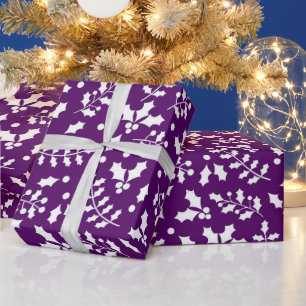 Festliches lila und weißes Weihnachts-Stechpalmen- Geschenkpapier