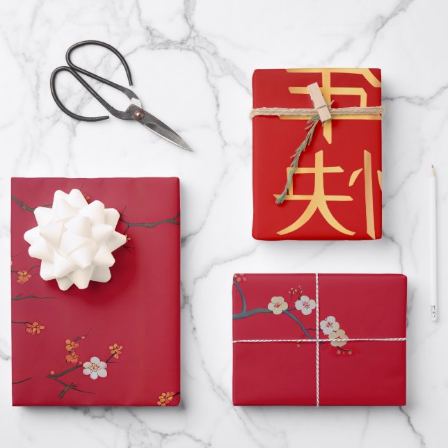 Festliches Neujahr Kaiser Roter Kirschblossom Geschenkpapier Set (Vorderseite)