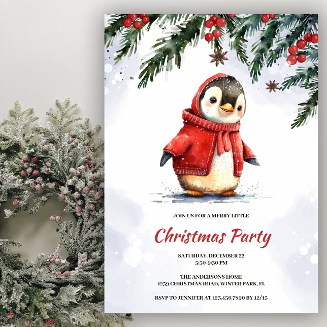Festliches Niedliches Aquarellfarben Pinguin Weihn Einladung (Von Creator hochgeladen)