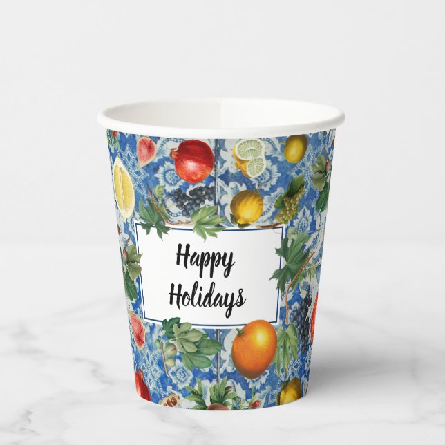Festliches Obst Happy Holidays Weihnachts-Party Pappbecher (Links)