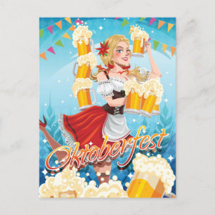 Festliches Oktoberfest in Rot mit Bieren Postkarte