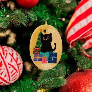 Festliches Orange Frohe Weihnachten Schwarze Katze Keramik Ornament
