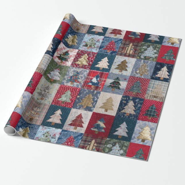 Festliches Patchwork-Weihnachtsbaum-Muster (4) Geschenkpapier (Ungerollt)