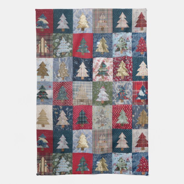 Festliches Patchwork-Weihnachtsbaum-Muster (4) Geschirrtuch (Vertikal)