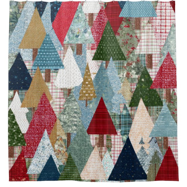 Festliches Patchwork-Weihnachtsbaum-Muster Duschvorhang (Vorderseite)