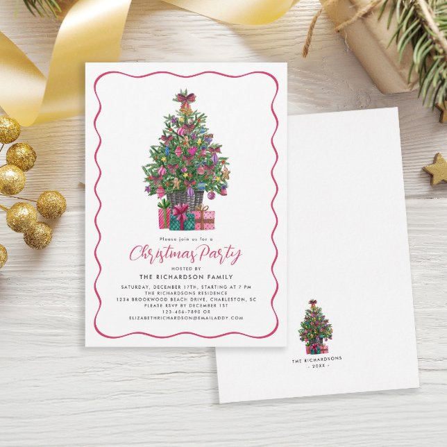 Festliches Pink Whimsical Weihnachtsbaum Party Einladung (Festive Pink Whimsical Christmas Tree Party Invitation)