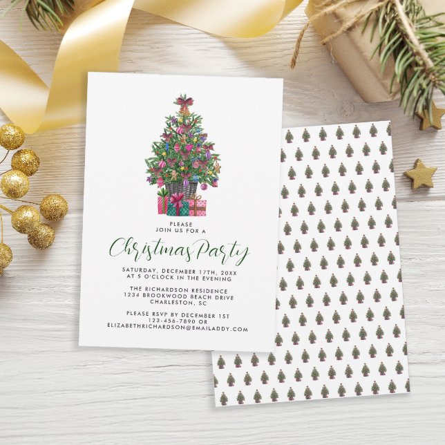 Festliches Pink Whimsical Weihnachtsbaum Party Einladung (Festive Pink Whimsical Christmas Tree Party Invitation)