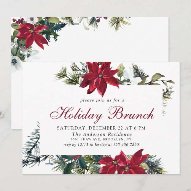 Festliches Poinsettia Holiday Brunch Weihnachtsfes Einladung (Vorne/Hinten)