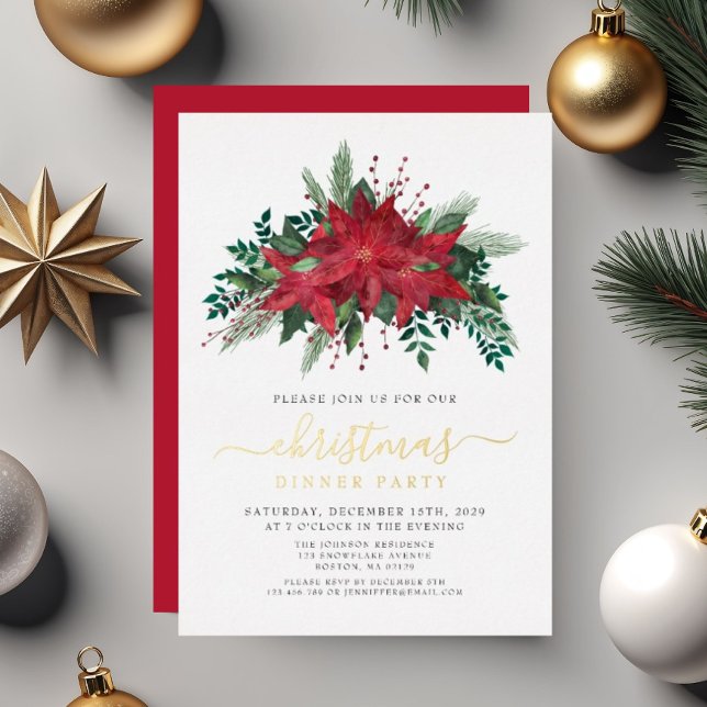 Festliches Poinsettia Weihnachtsabend Party Gold Folieneinladung (Festive Poinsettia Christmas Dinner Party Gold Foil Invitation)