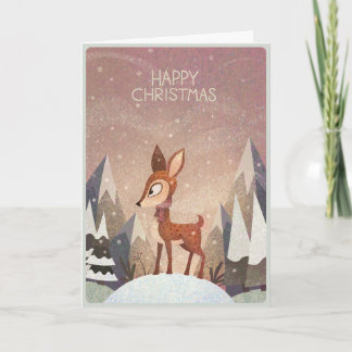Festliches Reh. Tiefes und verschneites Weihnachts Karte