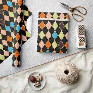 Festliches Retro-Orange-Schwarzes Diamantmuster Geschenkpapier