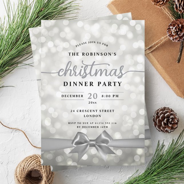 Festliches Ribbon Silver Lights Weihnachts-Party Einladung (Festive Ribbon Silver Lights Christmas Party Invitation)