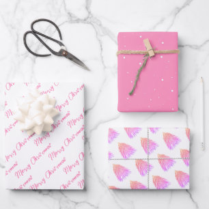 Festliches Rosa Frohe Weihnachten Baum Aquarell  Geschenkpapier Set