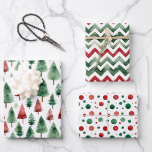 Festliches Rot, Grün, Weiß Weihnachtspapier Geschenkpapier Set