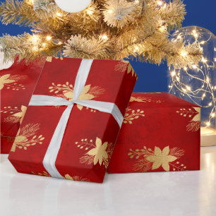 Festliches Rot und Gold Folie Winter-Poinsettie Geschenkpapier