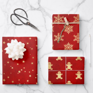 Festliches Rot- und Goldfolien-Winter-Weihnachtsmu Geschenkpapier Set