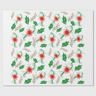 Festliches rotes Blumen- und grünes Blattwerk-Gesc Geschenkpapier