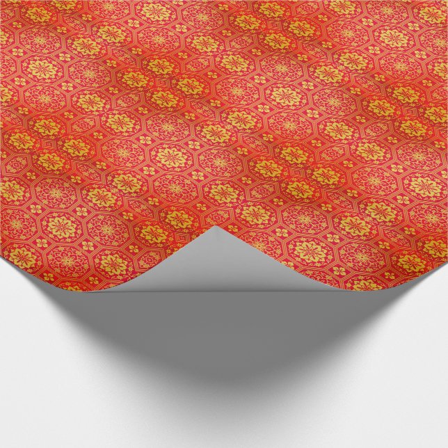 Festliches rotes Goldchinesisches günstiges Muster Geschenkpapier (Ecke)