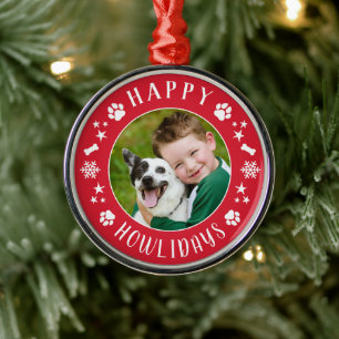 Festliches rotes Happy Howlidays-Hunde-Foto-Kranz Ornament Aus Metall
