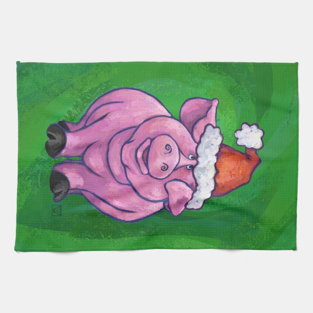 Festliches Schwein in der Weihnachtsmannmütze auf Handtuch (Horizontal)