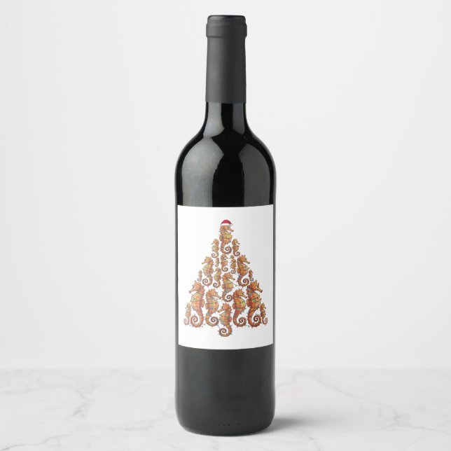 Festliches Seepferdchen mit Weihnachtsmannmütze fü Weinetikett (Vorderseite)