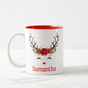 Festliches süßes Rentiergesicht mit Poinsettie Zweifarbige Tasse