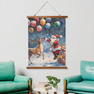 Festliches Wasserfarben-Weihnachtsmann-Rentier-Bun Wandteppich Mit Holzrahmen