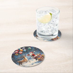 Festliches Wasserfarben-Weihnachtsmann-Rentier-Far Runder Pappuntersetzer