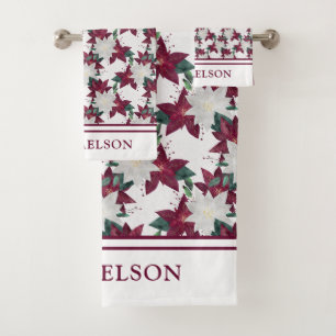 Festliches Weihnachtsblumen-Poinsettien-Monogramm Badhandtuch Set