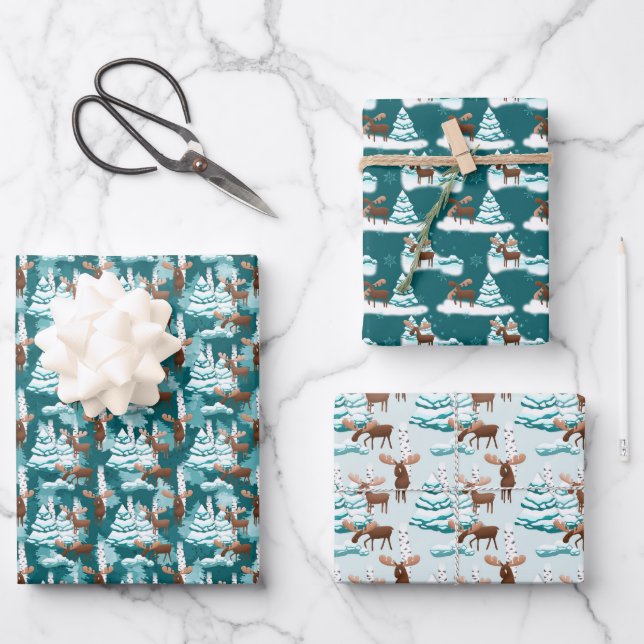 Festliches Weihnachtsmoosenmuster Geschenkpapier Set (Vorderseite)