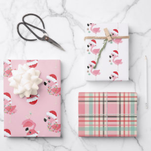 festliches Weihnachtsrosa Flamingo-Fliesenmuster Geschenkpapier Set