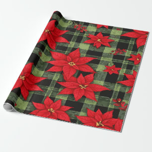 Festliches Weihnachtsstern-Muster auf grünem Karo- Geschenkpapier