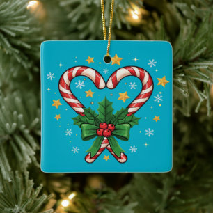 Festliches Zuckerstangen-Herz mit Stechpalme und S Keramikornament
