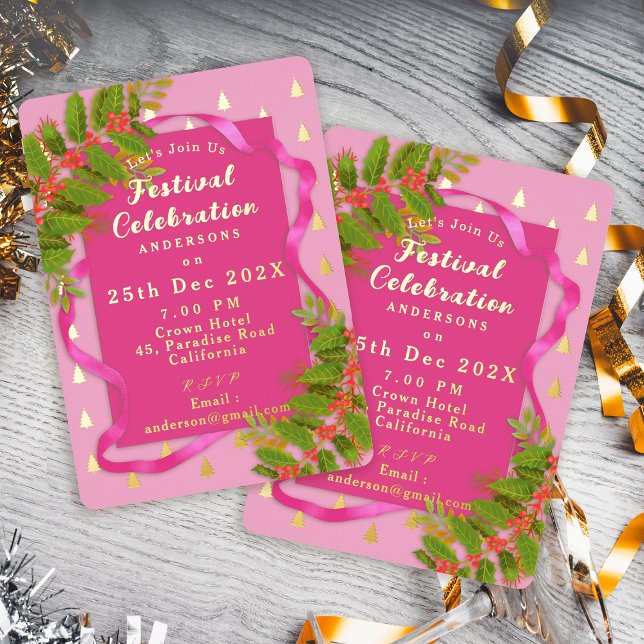Festspiele Weihnachten Rosa Folieneinladung (Festival Celebration Christmas Pink  Foil Invitation)