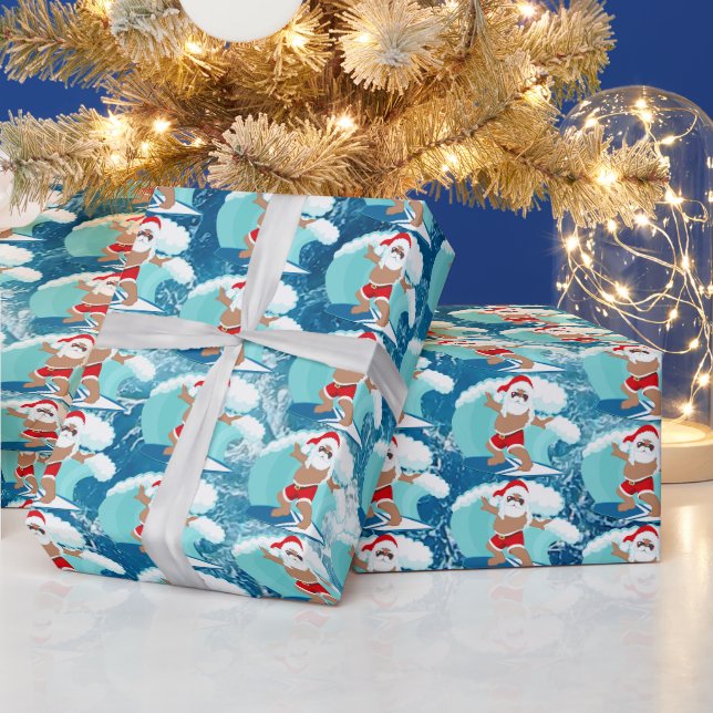 Festsurfen Santa Beach Afroamerikaner Geschenkpapier (Feiertage)