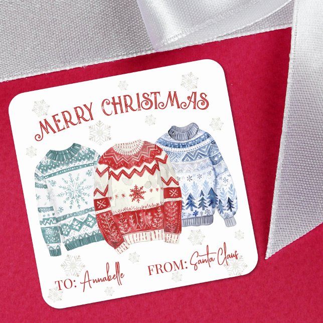 Festtags-Weihnachts-Geschenkanhänger-Aufkleber Quadratischer Aufkleber (Ugly Sweater Christmas Gift Tag Sticker)