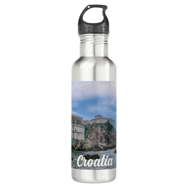 Festungsmauern, Felsküste und Meer in Kroatien Edelstahlflasche (Vorderseite)