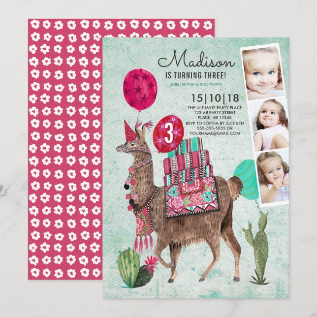 Fête d'anniversaire au zoo | Lama | Invitations (Devant / Derrière)