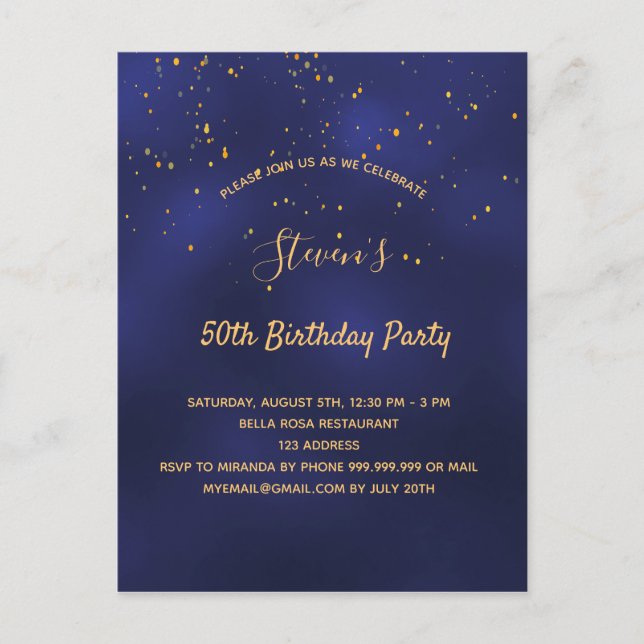 fête d'anniversaire bleu or simple invitation (Devant)