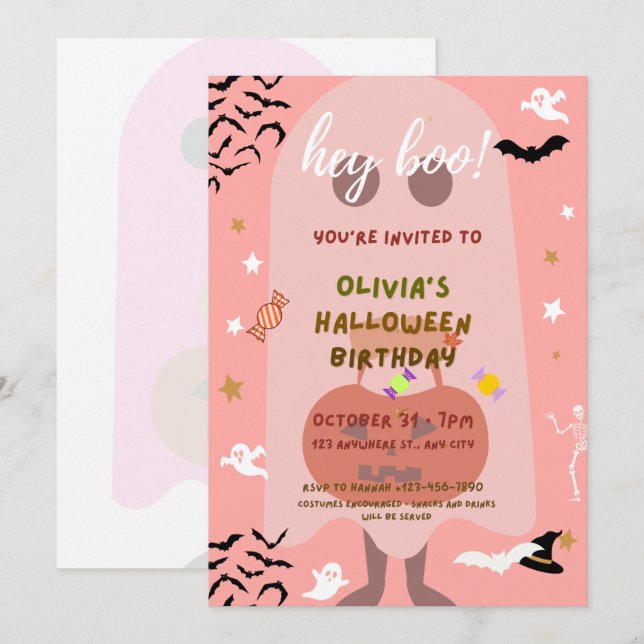 fête d'anniversaire d'Halloween rose invitation po (Devant / Derrière)